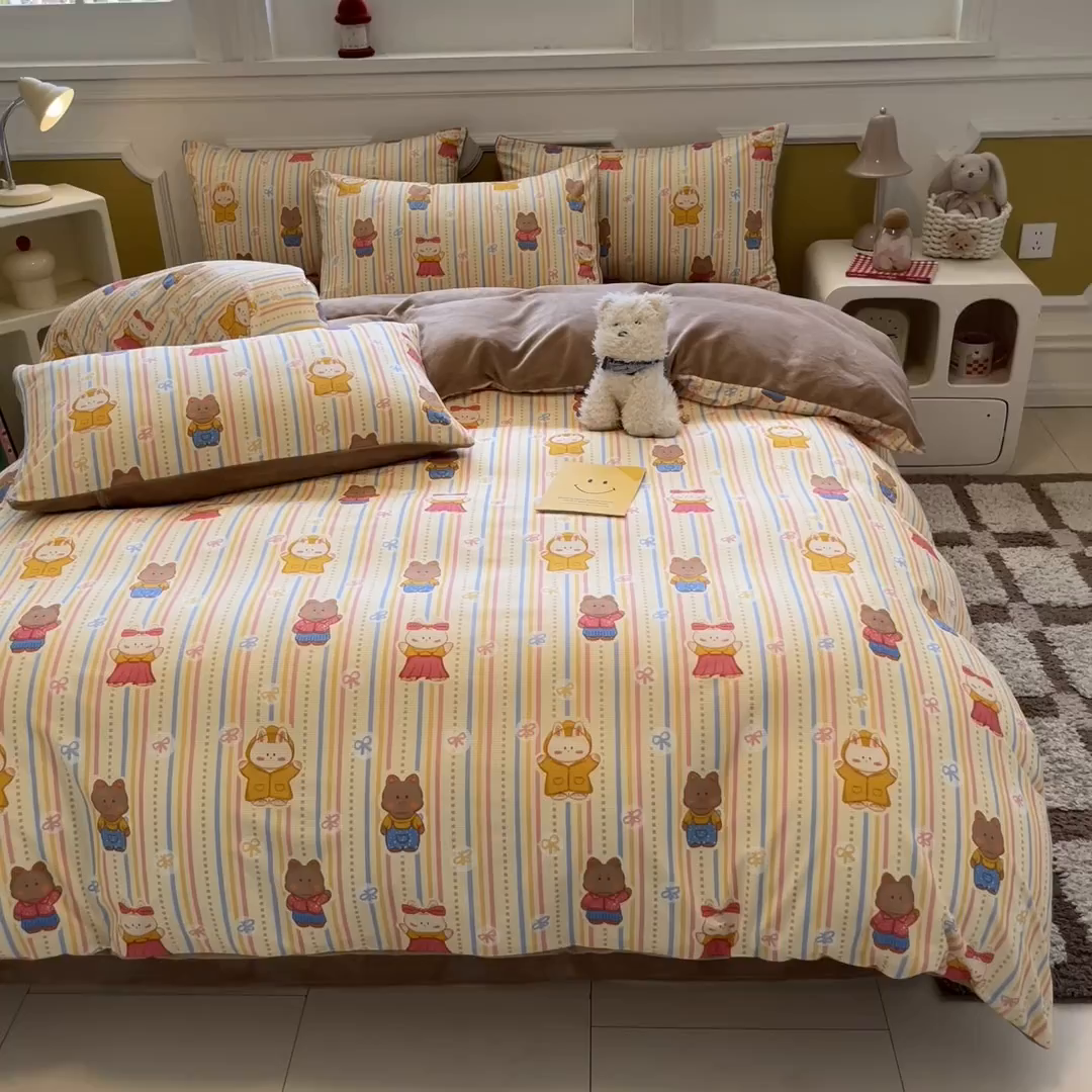 91家纺网 家纺一手货源 找家纺 羚羊语家纺 2025新款灯芯绒 温暖颂系列-印花牛奶绒四件套高克重简约卡通花卉提花加厚保暖床单床笠三件套（买家秀请联系客服!） 温暖颂-宠物乐园