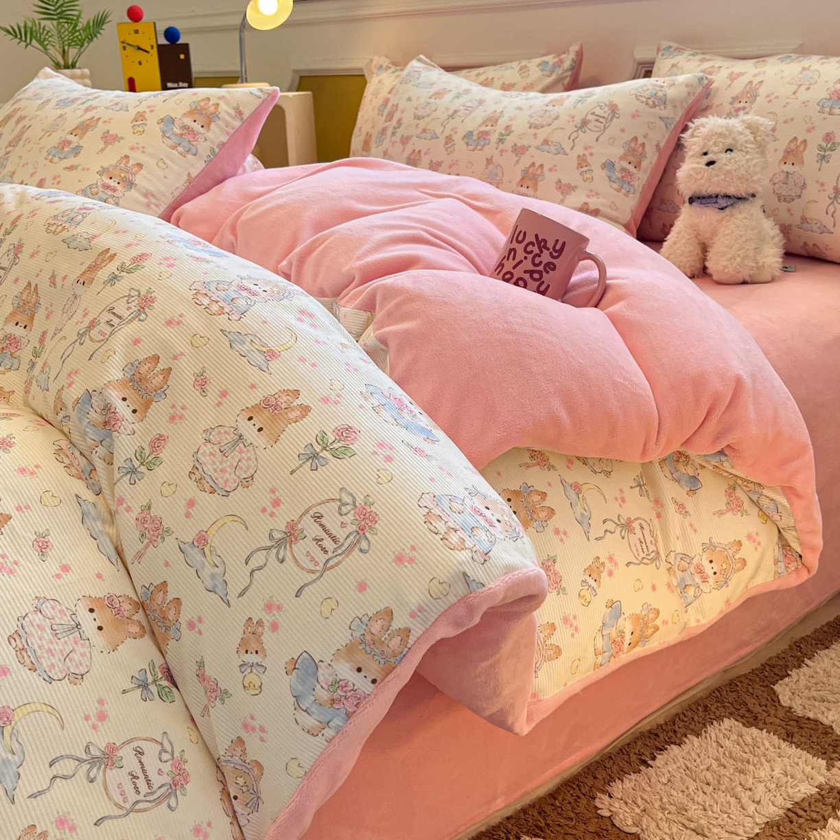 羚羊语家纺 2025新款灯芯绒 温暖颂系列-印花牛奶绒四件套高克重简约卡通花卉提花加厚保暖床单床笠三件套（买家秀请联系客服!） 温暖颂-兔儿啵啵