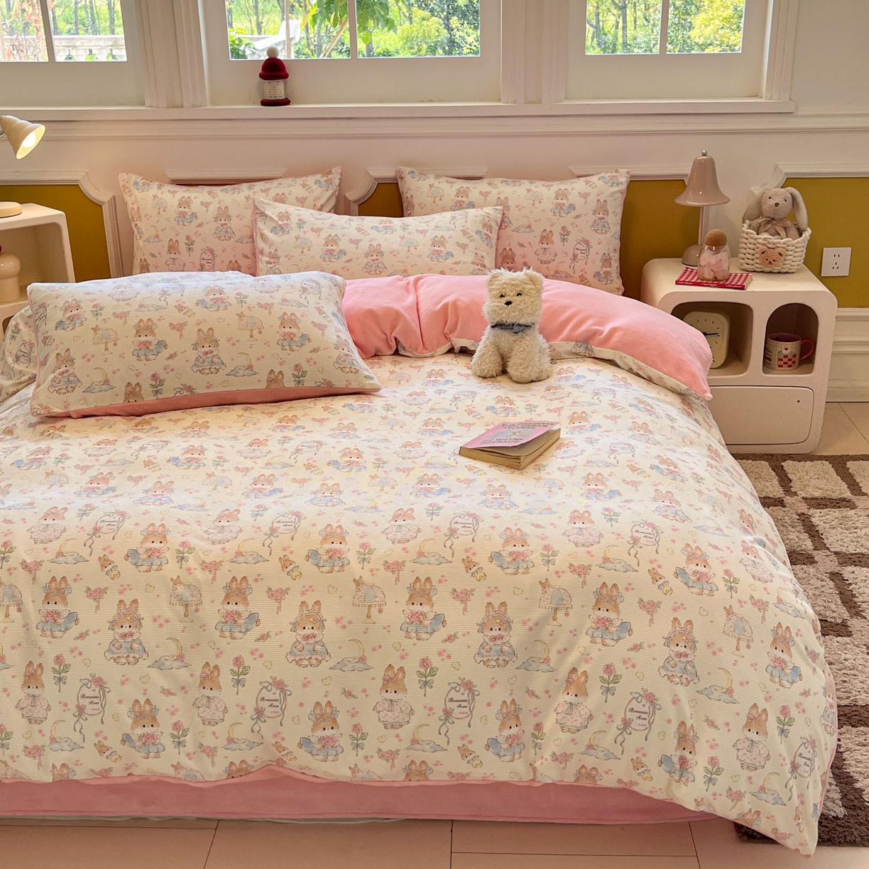 91家纺网 家纺一手货源 找家纺 羚羊语家纺 2025新款灯芯绒 温暖颂系列-印花牛奶绒四件套高克重简约卡通花卉提花加厚保暖床单床笠三件套（买家秀请联系客服!） 温暖颂-兔儿啵啵