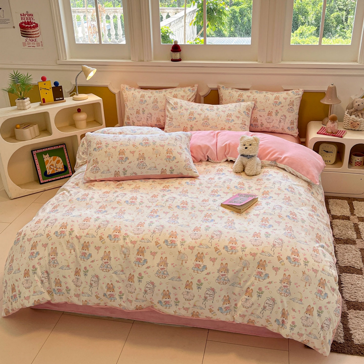 91家纺网 家纺一手货源 找家纺 羚羊语家纺 2025新款灯芯绒 温暖颂系列-印花牛奶绒四件套高克重简约卡通花卉提花加厚保暖床单床笠三件套（买家秀请联系客服!） 温暖颂-兔儿啵啵