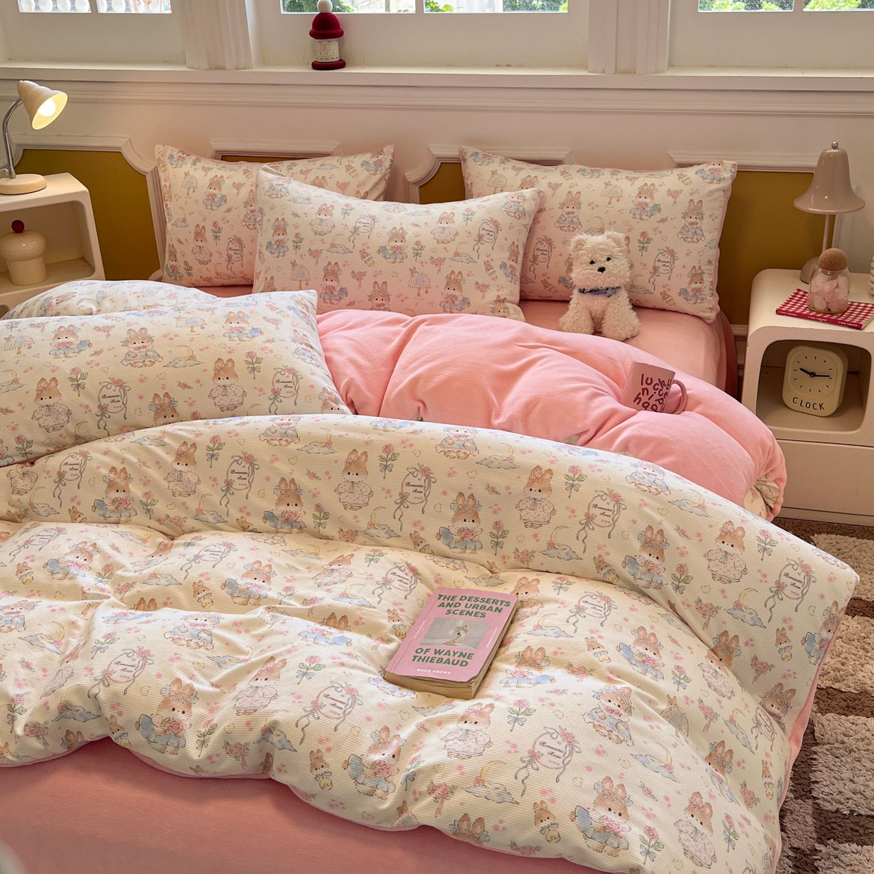 91家纺网 家纺一手货源 找家纺 羚羊语家纺 2025新款灯芯绒 温暖颂系列-印花牛奶绒四件套高克重简约卡通花卉提花加厚保暖床单床笠三件套（买家秀请联系客服!） 温暖颂-兔儿啵啵