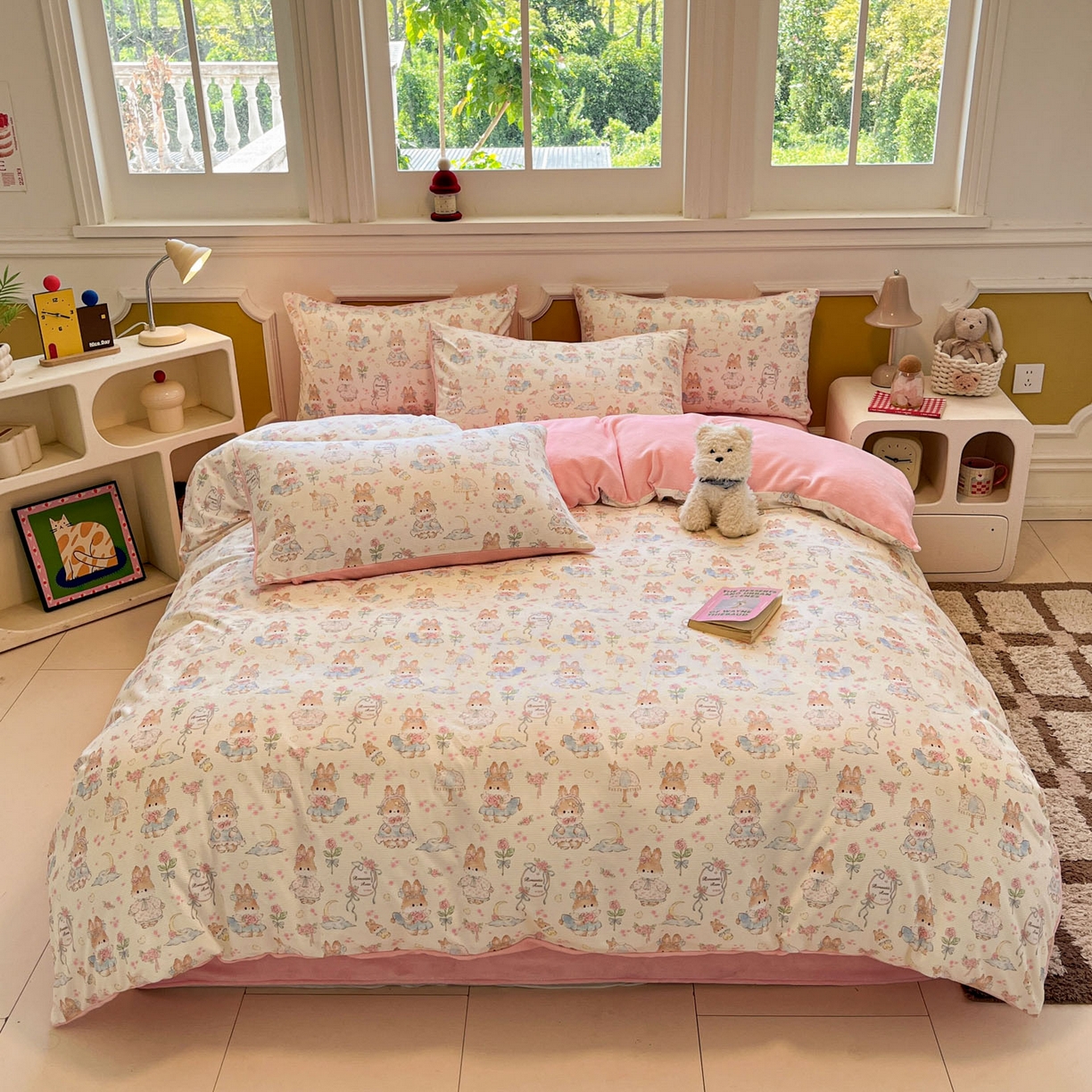 91家纺网 家纺一手货源 找家纺 羚羊语家纺 2025新款灯芯绒 温暖颂系列-印花牛奶绒四件套高克重简约卡通花卉提花加厚保暖床单床笠三件套（买家秀请联系客服!） 温暖颂-兔儿啵啵
