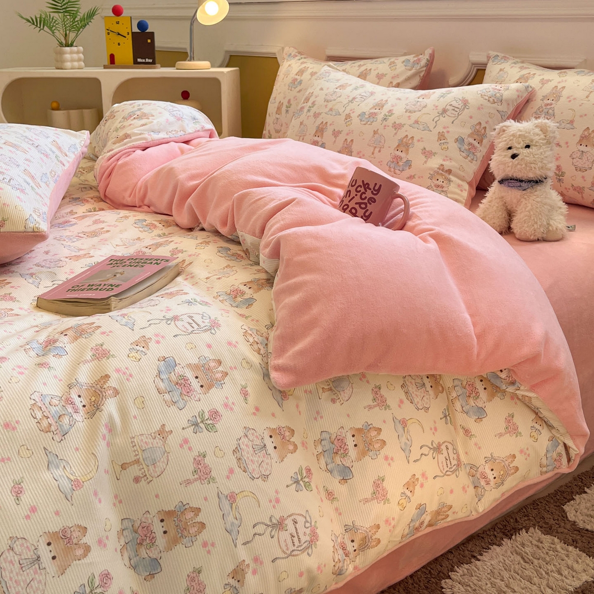 91家纺网 家纺一手货源 找家纺 羚羊语家纺 2025新款灯芯绒 温暖颂系列-印花牛奶绒四件套高克重简约卡通花卉提花加厚保暖床单床笠三件套（买家秀请联系客服!） 温暖颂-兔儿啵啵