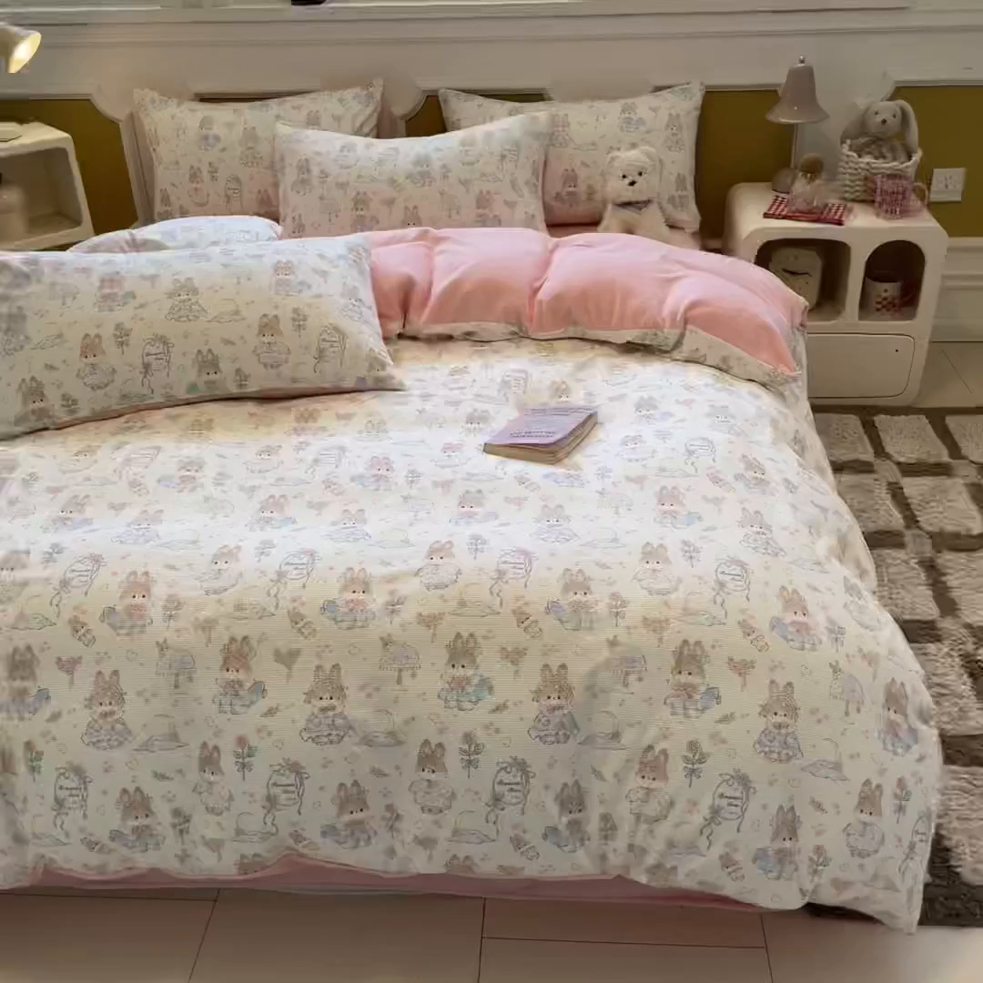 91家纺网 家纺一手货源 找家纺 羚羊语家纺 2025新款灯芯绒 温暖颂系列-印花牛奶绒四件套高克重简约卡通花卉提花加厚保暖床单床笠三件套（买家秀请联系客服!） 温暖颂-兔儿啵啵