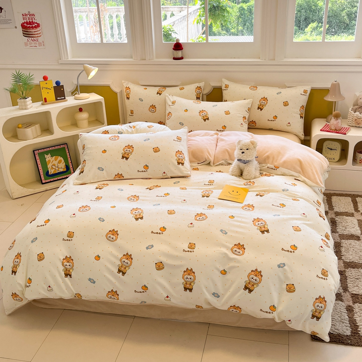 91家纺网 家纺一手货源 找家纺 羚羊语家纺 2025新款灯芯绒 温暖颂系列-印花牛奶绒四件套高克重简约卡通花卉提花加厚保暖床单床笠三件套（买家秀请联系客服!） 温暖颂-卡皮小布