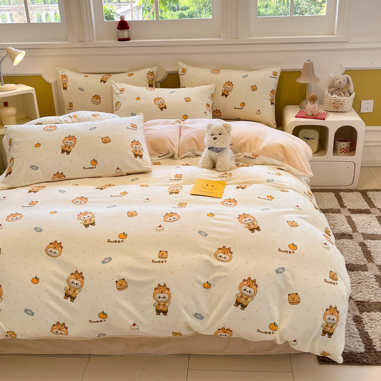 91家纺网 家纺一手货源 找家纺 羚羊语家纺 2025新款灯芯绒 温暖颂系列-印花牛奶绒四件套高克重简约卡通花卉提花加厚保暖床单床笠三件套（买家秀请联系客服!） 温暖颂-卡皮小布