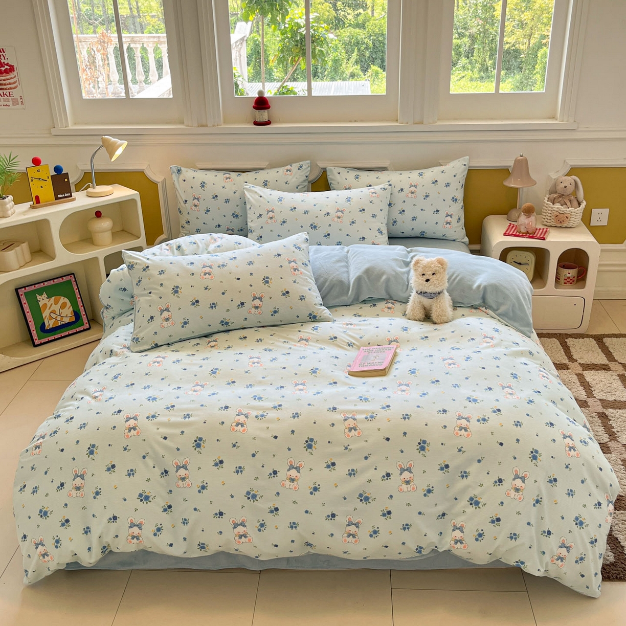 91家纺网 家纺一手货源 找家纺 羚羊语家纺 2025新款灯芯绒 温暖颂系列-印花牛奶绒四件套高克重简约卡通花卉提花加厚保暖床单床笠三件套（买家秀请联系客服!） 温暖颂-花间兔