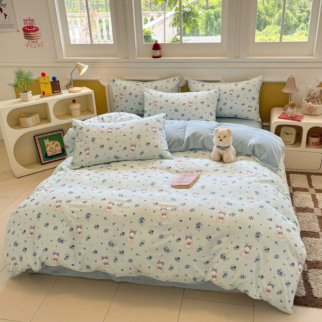 91家纺网 家纺一手货源 找家纺 羚羊语家纺 2025新款灯芯绒 温暖颂系列-印花牛奶绒四件套高克重简约卡通花卉提花加厚保暖床单床笠三件套（买家秀请联系客服!） 温暖颂-花间兔