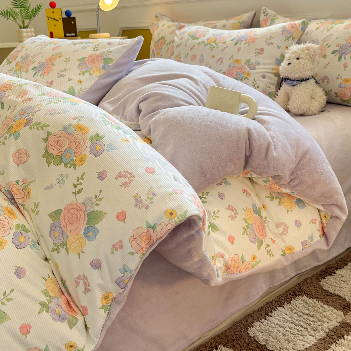 羚羊语家纺 2025新款灯芯绒 温暖颂系列-印花牛奶绒四件套高克重简约卡通花卉提花加厚保暖床单床笠三件套（买家秀请联系客服!） 温暖颂-初绽