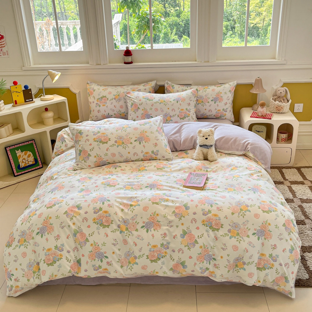 91家纺网 家纺一手货源 找家纺 羚羊语家纺 2025新款灯芯绒 温暖颂系列-印花牛奶绒四件套高克重简约卡通花卉提花加厚保暖床单床笠三件套（买家秀请联系客服!） 温暖颂-初绽