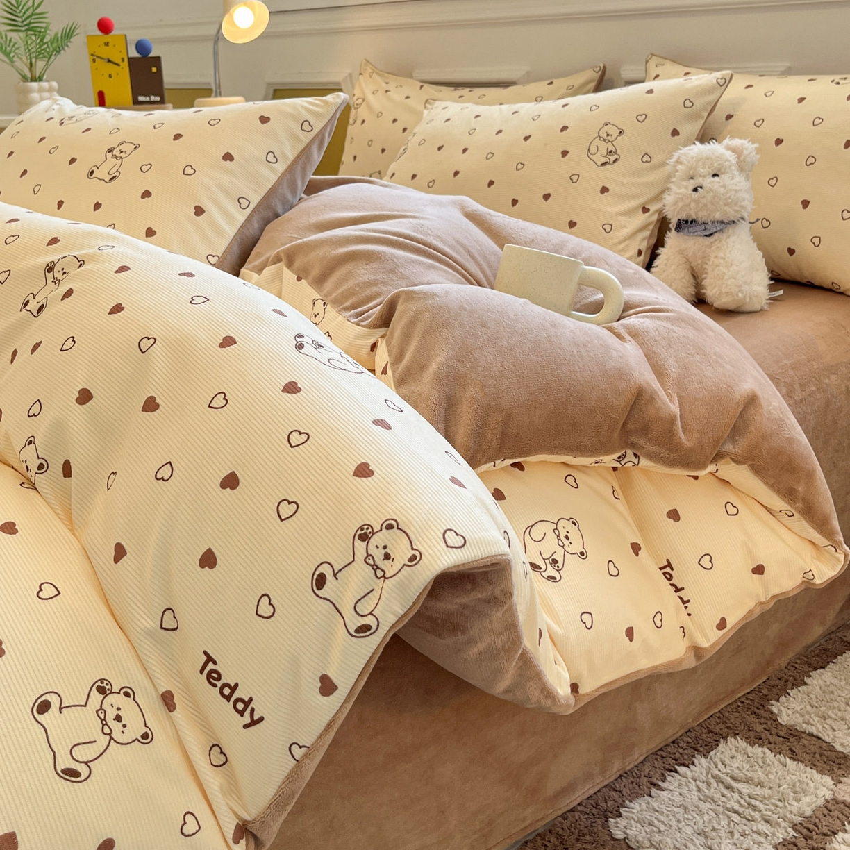 羚羊语家纺 2025新款灯芯绒 温暖颂系列-印花牛奶绒四件套高克重简约卡通花卉提花加厚保暖床单床笠三件套（买家秀请联系客服!） 温暖颂-小熊奇遇