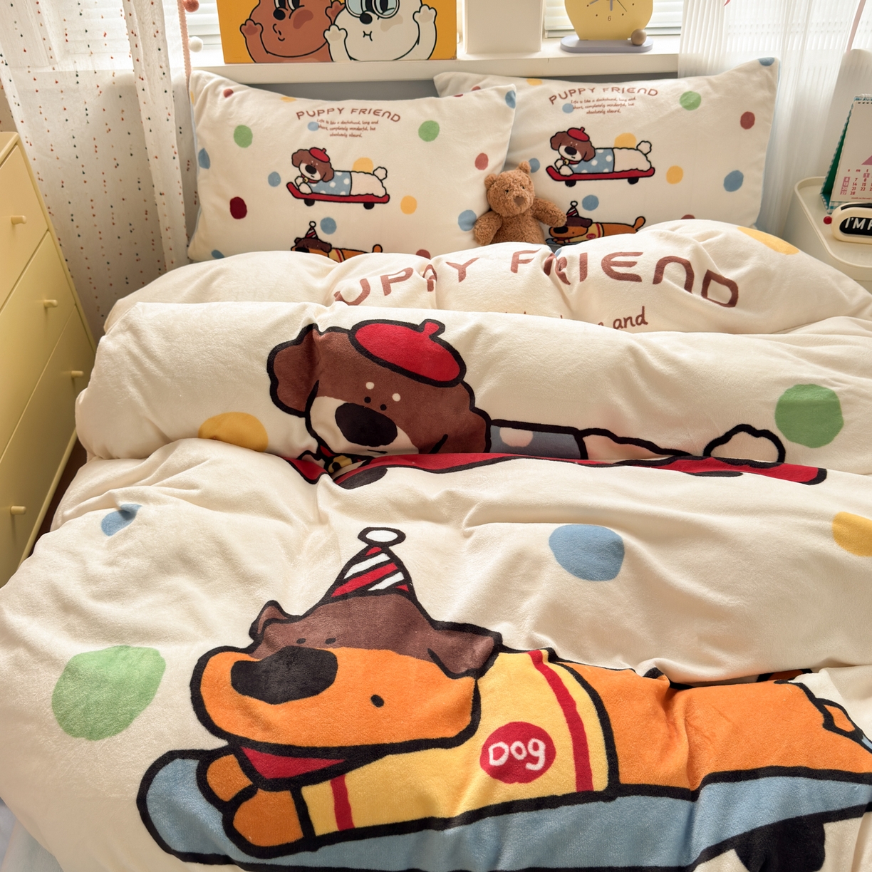 希诺家居 2025新款大版卡通牛奶绒数码印花四件套 牛奶绒-滑板腊肠狗