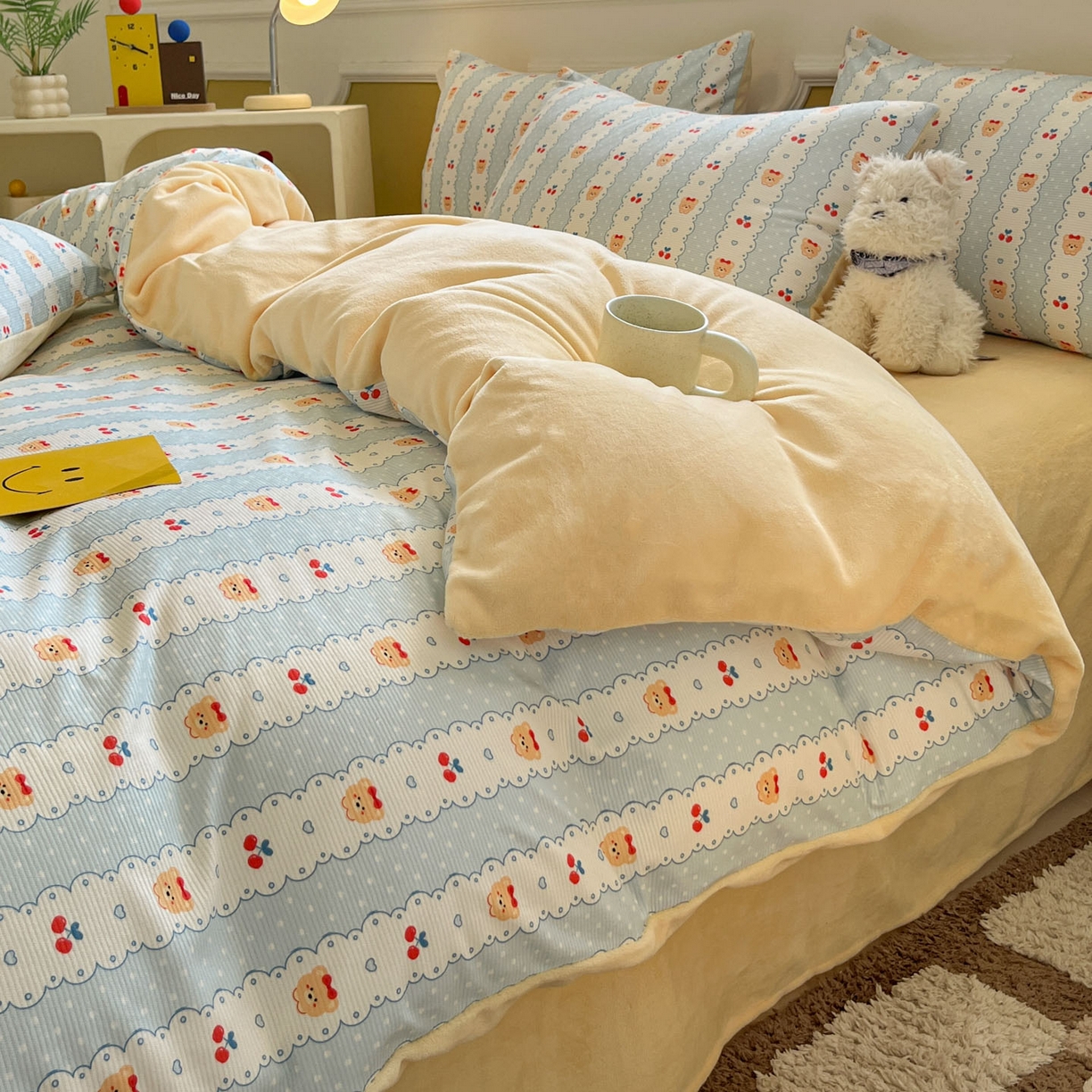羚羊语家纺 2025新款灯芯绒 温暖颂系列-印花牛奶绒四件套高克重简约卡通花卉提花加厚保暖床单床笠三件套（买家秀请联系客服!） 温暖颂-樱桃日记