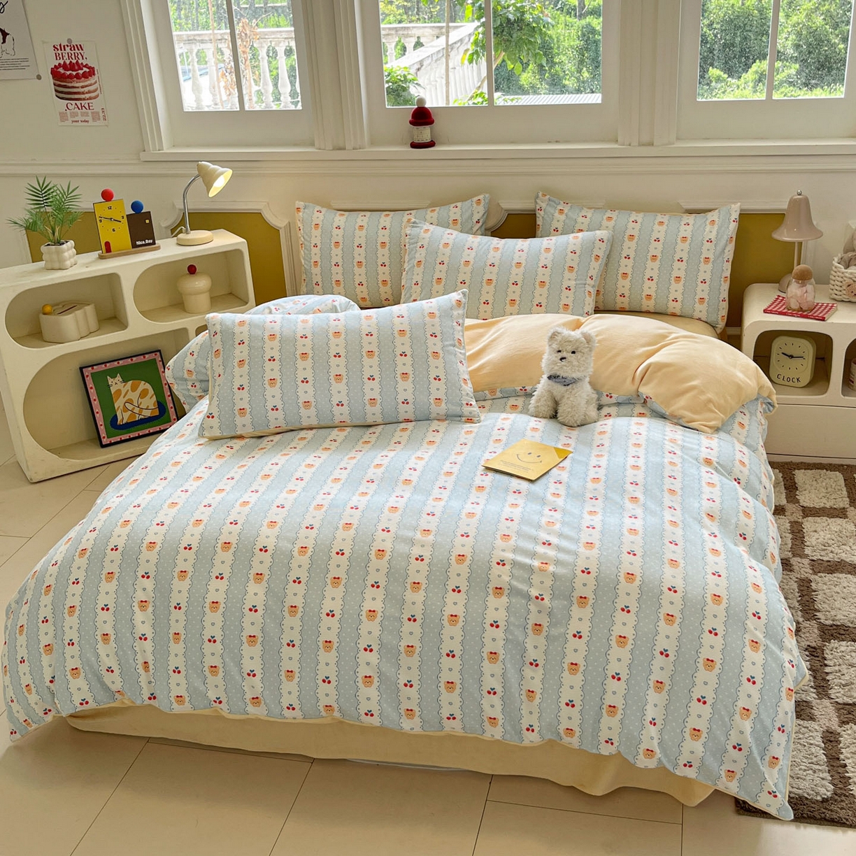 91家纺网 家纺一手货源 找家纺 羚羊语家纺 2025新款灯芯绒 温暖颂系列-印花牛奶绒四件套高克重简约卡通花卉提花加厚保暖床单床笠三件套（买家秀请联系客服!） 温暖颂-樱桃日记