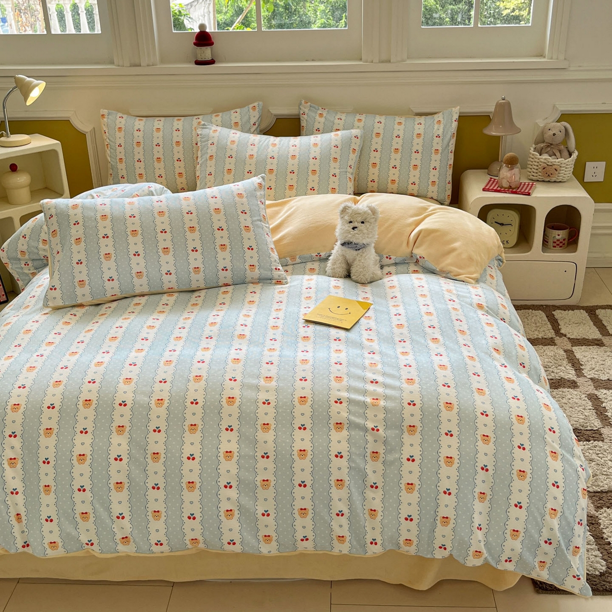 91家纺网 家纺一手货源 找家纺 羚羊语家纺 2025新款灯芯绒 温暖颂系列-印花牛奶绒四件套高克重简约卡通花卉提花加厚保暖床单床笠三件套（买家秀请联系客服!） 温暖颂-樱桃日记