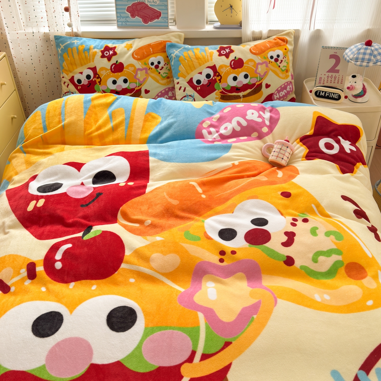 91家纺网 家纺一手货源 找家纺 希诺家居 2025新款大版卡通牛奶绒数码印花四件套 牛奶绒-薯条汉堡