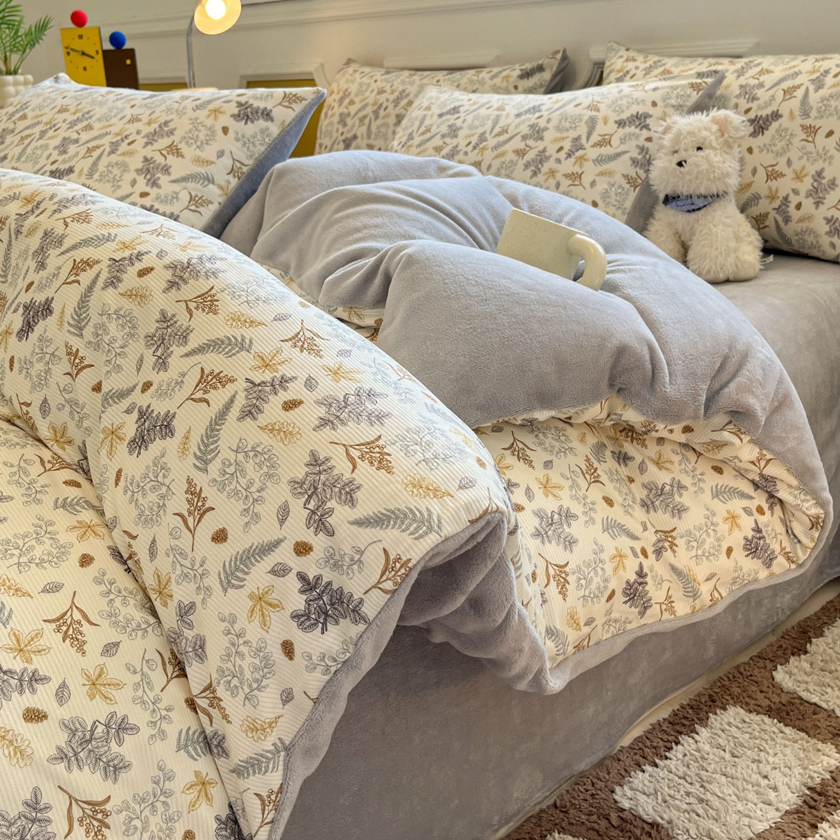 羚羊语家纺 2025新款灯芯绒 温暖颂系列-印花牛奶绒四件套高克重简约卡通花卉提花加厚保暖床单床笠三件套（买家秀请联系客服!） 温暖颂-叶知秋