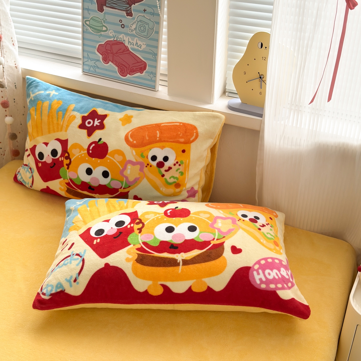 91家纺网 家纺一手货源 找家纺 希诺家居 2025新款大版卡通牛奶绒数码印花四件套 牛奶绒-薯条汉堡