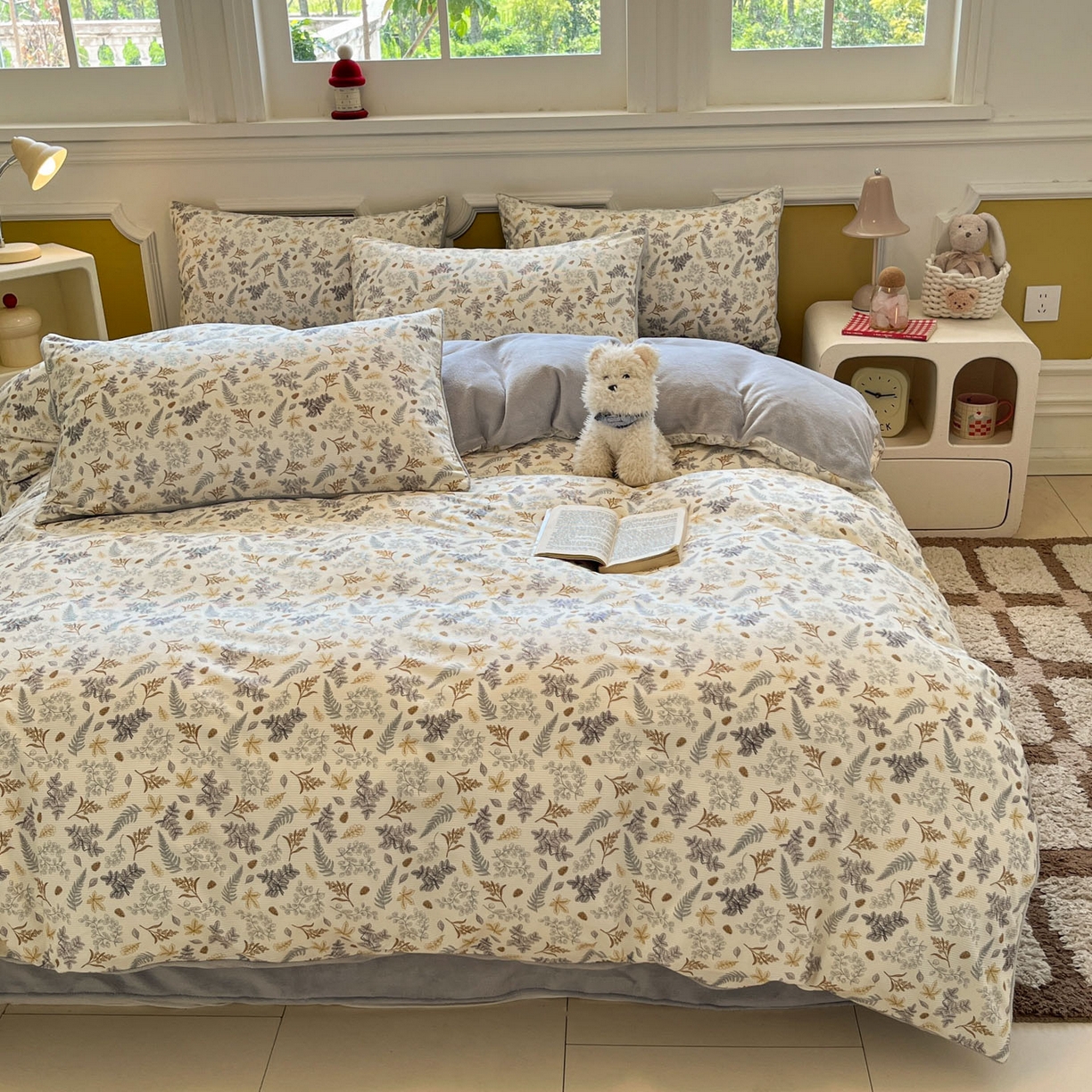 91家纺网 家纺一手货源 找家纺 羚羊语家纺 2025新款灯芯绒 温暖颂系列-印花牛奶绒四件套高克重简约卡通花卉提花加厚保暖床单床笠三件套（买家秀请联系客服!） 温暖颂-叶知秋