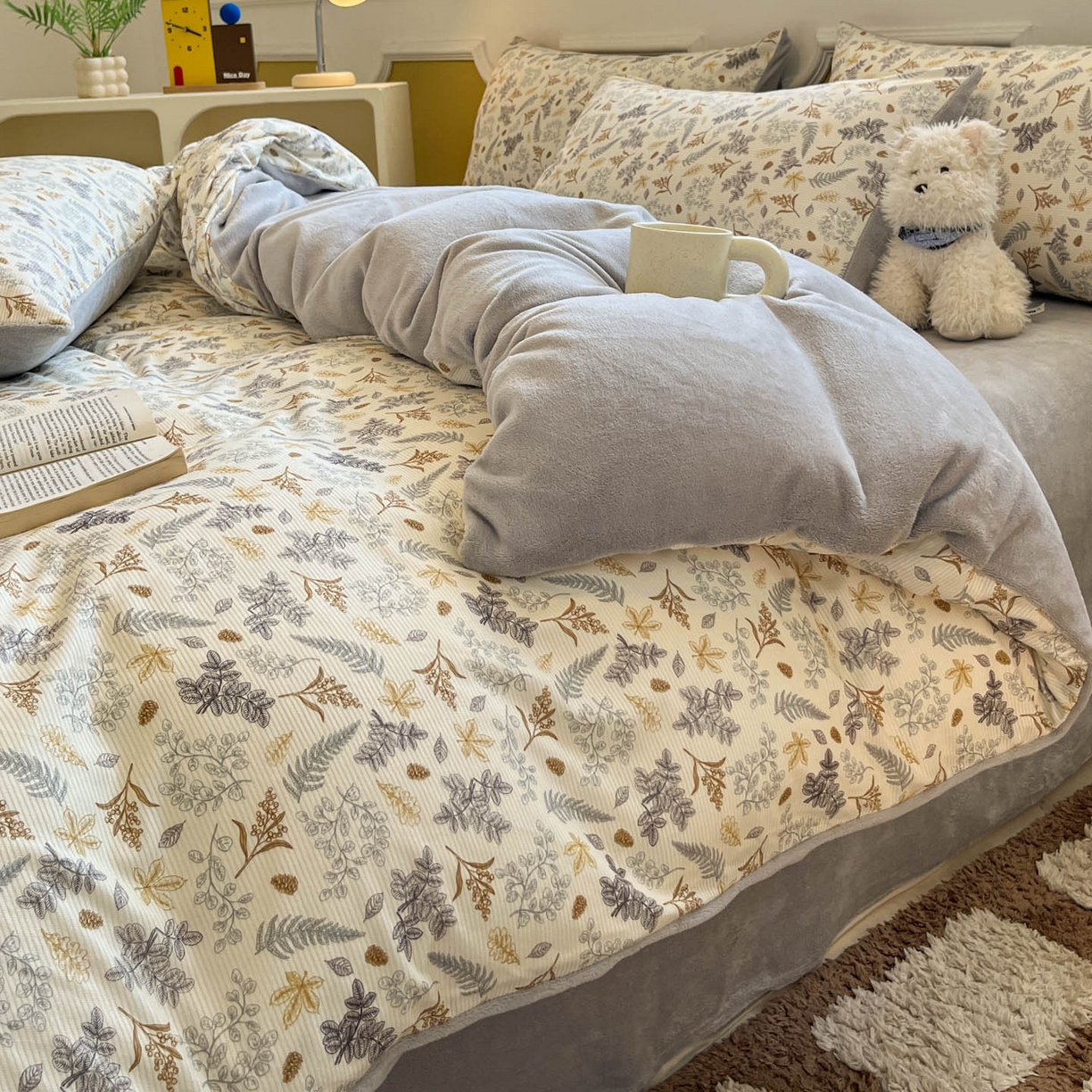 91家纺网 家纺一手货源 找家纺 羚羊语家纺 2025新款灯芯绒 温暖颂系列-印花牛奶绒四件套高克重简约卡通花卉提花加厚保暖床单床笠三件套（买家秀请联系客服!） 温暖颂-叶知秋