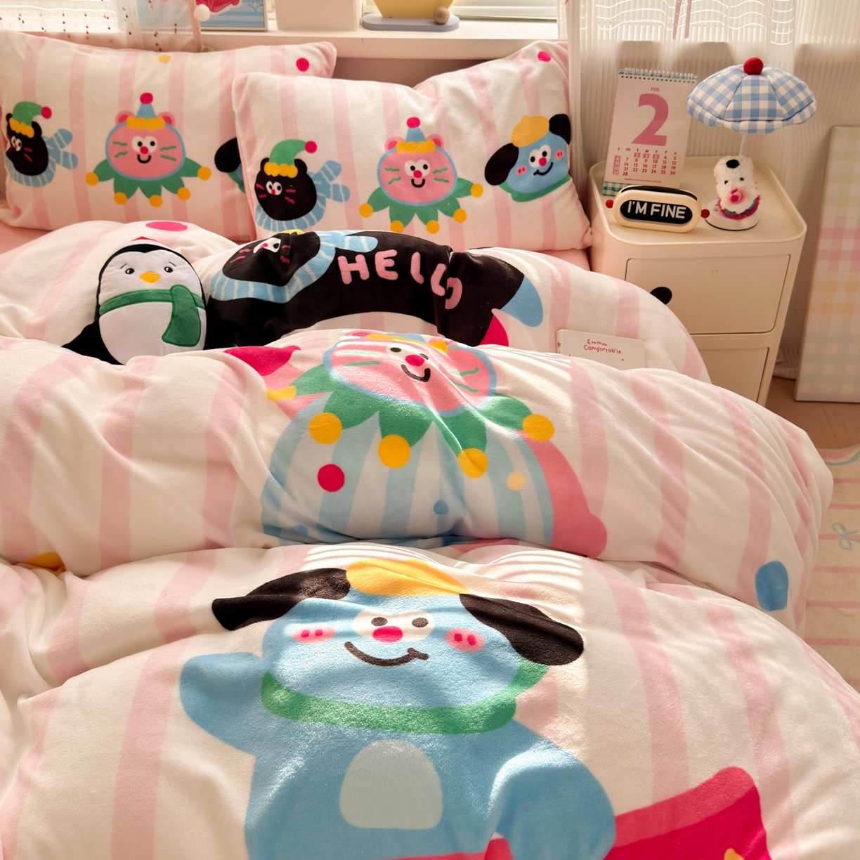 希诺家居 2025新款大版卡通牛奶绒数码印花四件套 牛奶绒-条纹派对