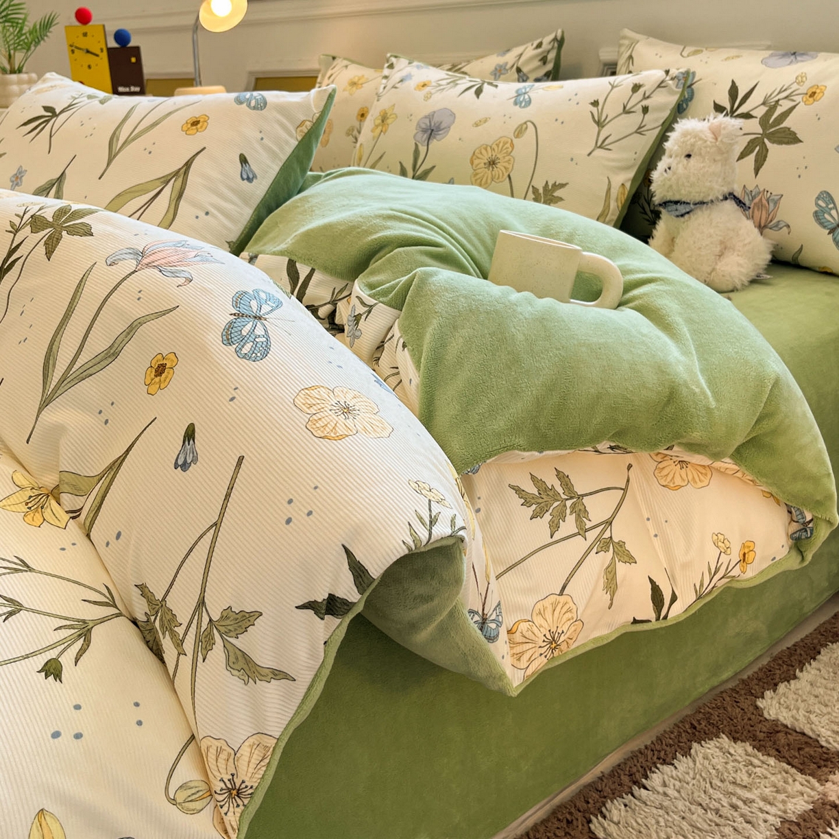 羚羊语家纺 2025新款灯芯绒 温暖颂系列-印花牛奶绒四件套高克重简约卡通花卉提花加厚保暖床单床笠三件套（买家秀请联系客服!） 温暖颂-漫野春息