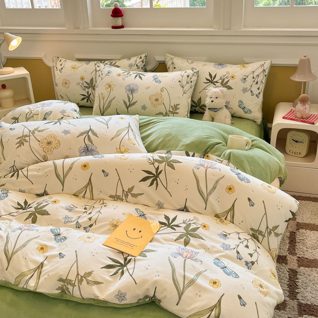 91家纺网 家纺一手货源 找家纺 羚羊语家纺 2025新款灯芯绒 温暖颂系列-印花牛奶绒四件套高克重简约卡通花卉提花加厚保暖床单床笠三件套（买家秀请联系客服!） 温暖颂-漫野春息