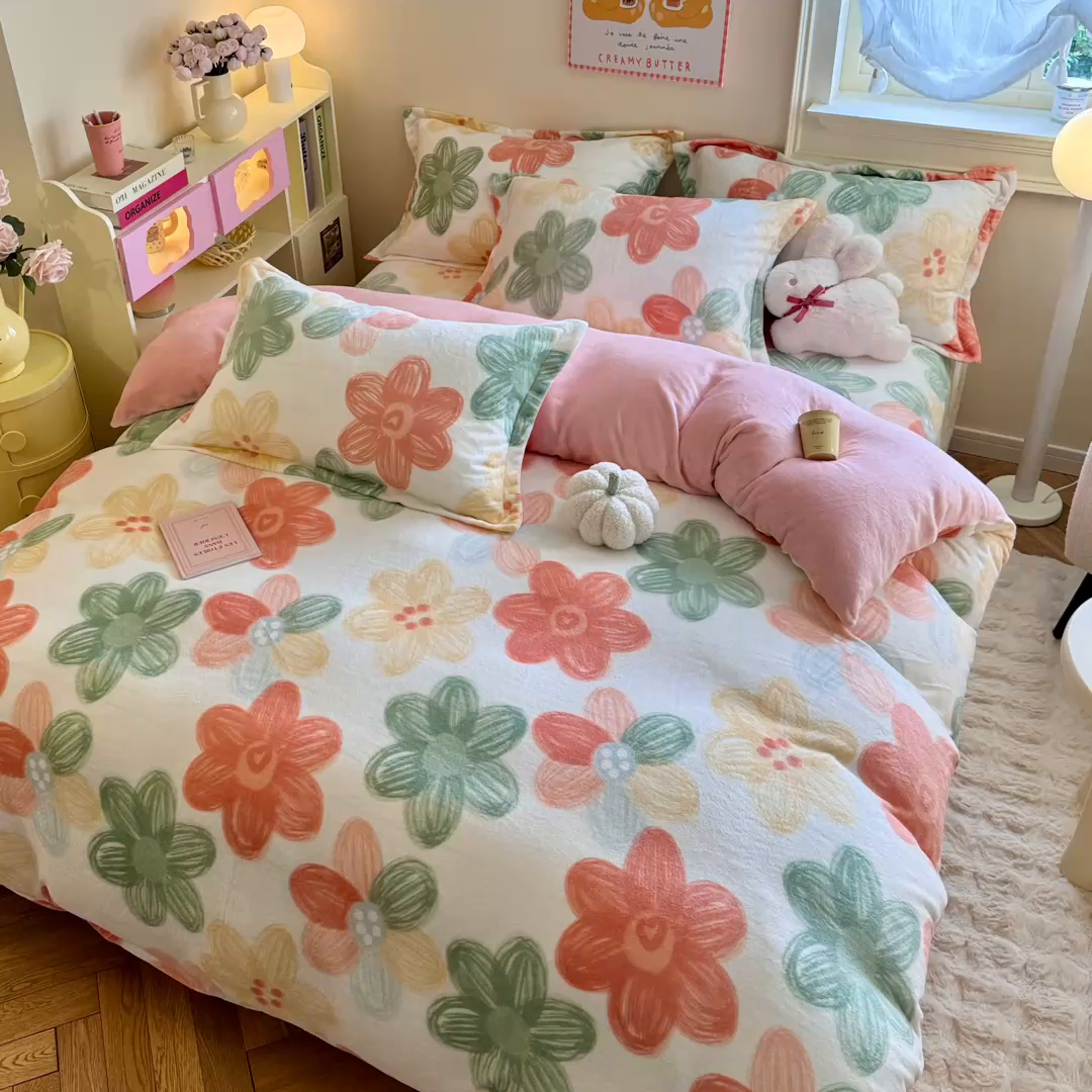 91家纺网 家纺一手货源 找家纺 名兮家居 2025新款卡通时尚风高克重印花牛奶绒四件套 倾城