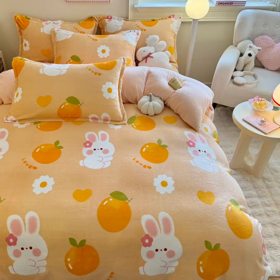 91家纺网 家纺一手货源 找家纺 名兮家居 2025新款卡通时尚风高克重印花牛奶绒四件套 兔兔派对