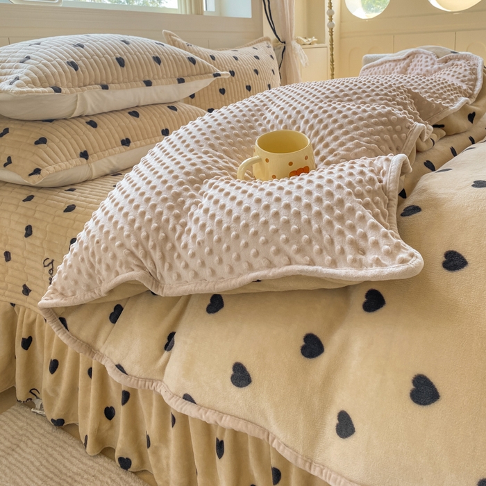 91家纺网 家纺一手货源 找家纺 （总）梦可莱家居 2025秋冬新品豆豆绒床盖大花边四件套