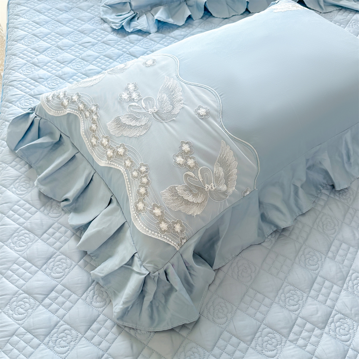 91家纺网 家纺一手货源 找家纺 宜凡家纺 2025新款长绒棉绣花夹棉床裙三件套--天鹅之吻系列 天鹅之吻-蔚蓝