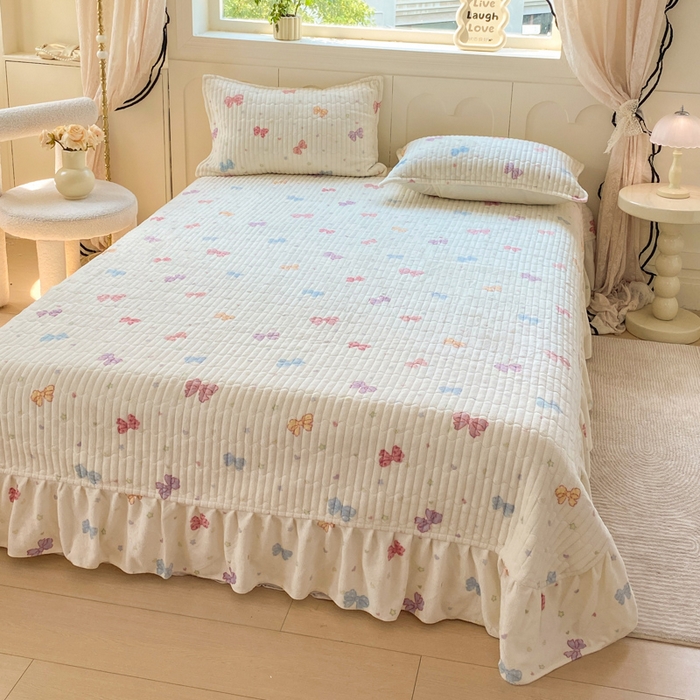 91家纺网 家纺一手货源 找家纺 梦可莱家居 2025秋冬新品豆豆绒床盖大花边四件套 彩色蝴蝶结