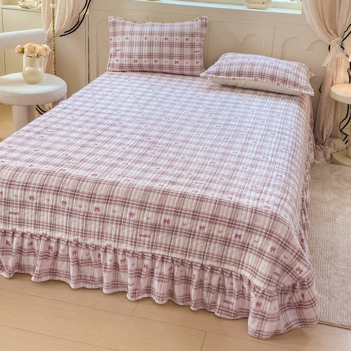 91家纺网 家纺一手货源 找家纺 梦可莱家居 2025秋冬新品豆豆绒床盖大花边四件套 格子蝴蝶梦