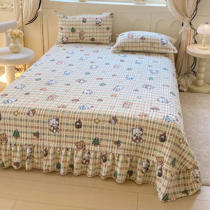 91家纺网 家纺一手货源 找家纺 梦可莱家居 2025秋冬新品豆豆绒床盖大花边四件套 凯蒂猫卡