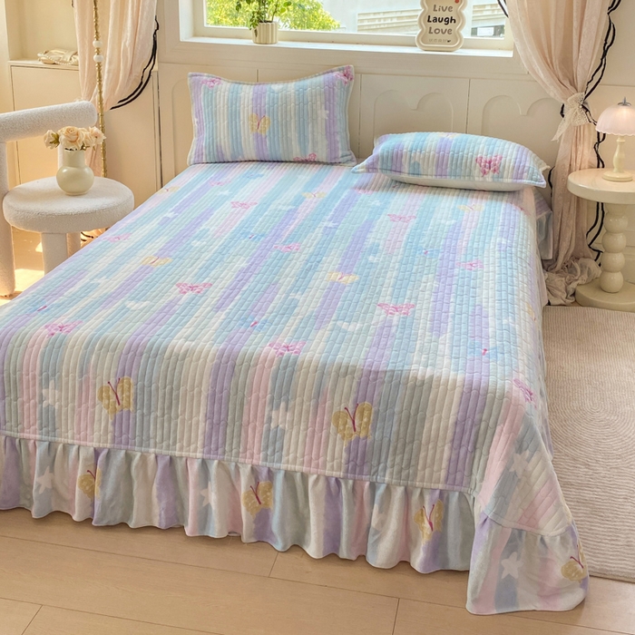 91家纺网 家纺一手货源 找家纺 梦可莱家居 2025秋冬新品豆豆绒床盖大花边四件套 七彩虹