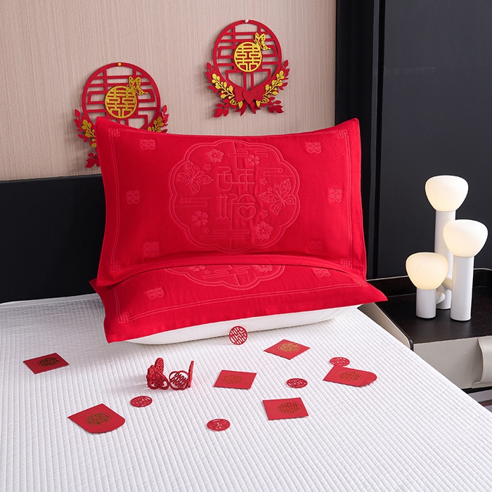 棠薇家纺 2025新款全棉大红婚庆枕巾红色结婚全棉纱布枕巾盖巾垫巾 百年好合