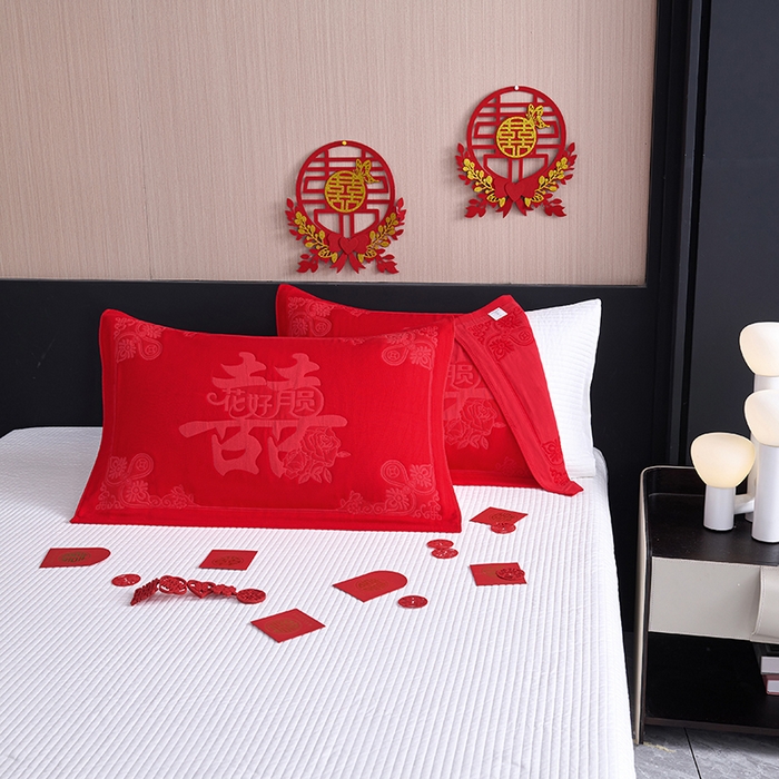 91家纺网 家纺一手货源 找家纺 棠薇家纺 2025新款全棉大红婚庆枕巾红色结婚全棉纱布枕巾盖巾垫巾 花好月圆