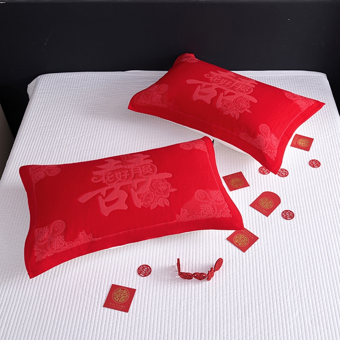 91家纺网 家纺一手货源 找家纺 棠薇家纺 2025新款全棉大红婚庆枕巾红色结婚全棉纱布枕巾盖巾垫巾 花好月圆