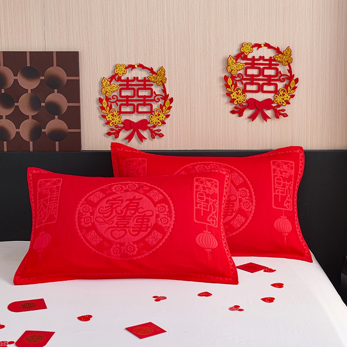 91家纺网 家纺一手货源 找家纺 棠薇家纺 2025新款全棉大红婚庆枕巾红色结婚全棉纱布枕巾盖巾垫巾 家有喜事