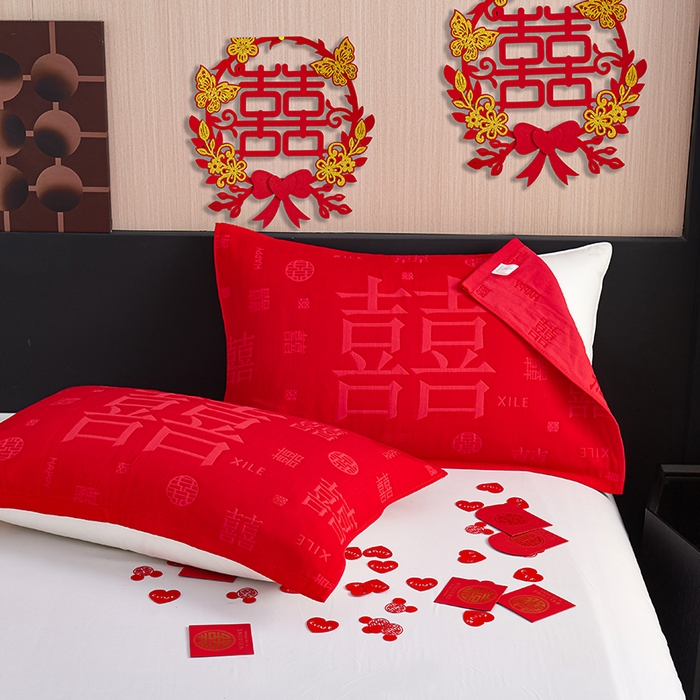 91家纺网 家纺一手货源 找家纺 棠薇家纺 2025新款全棉大红婚庆枕巾红色结婚全棉纱布枕巾盖巾垫巾 喜结连理