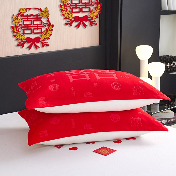 91家纺网 家纺一手货源 找家纺 棠薇家纺 2025新款全棉大红婚庆枕巾红色结婚全棉纱布枕巾盖巾垫巾 喜结连理