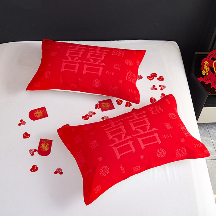 91家纺网 家纺一手货源 找家纺 棠薇家纺 2025新款全棉大红婚庆枕巾红色结婚全棉纱布枕巾盖巾垫巾 喜结连理