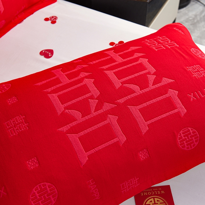 91家纺网 家纺一手货源 找家纺 棠薇家纺 2025新款全棉大红婚庆枕巾红色结婚全棉纱布枕巾盖巾垫巾 喜结连理
