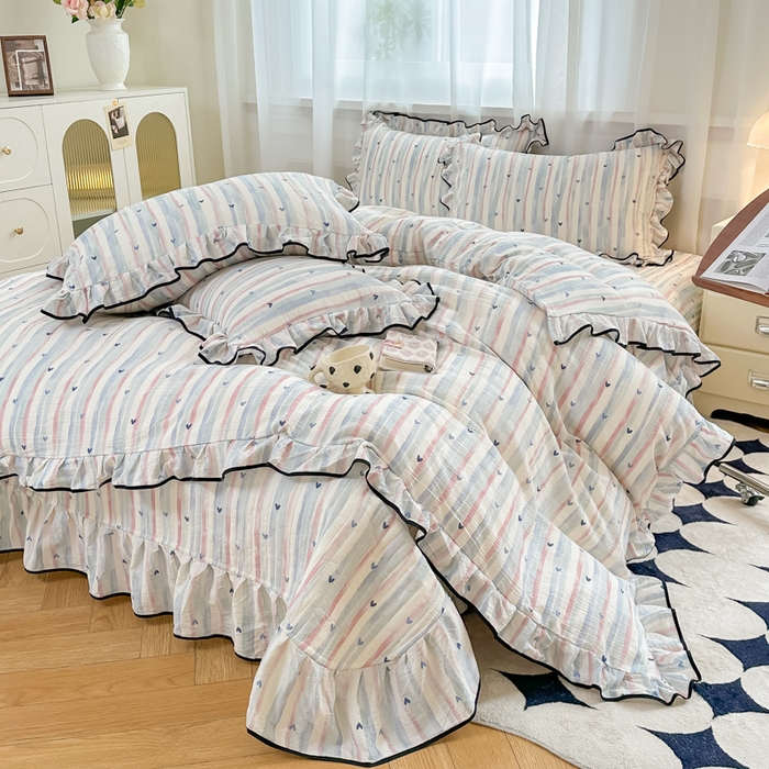 梦可莱家居 2025秋冬新款法式小黑边木棉云感皱皱纱四件套床盖款 小黑边-爱心兰