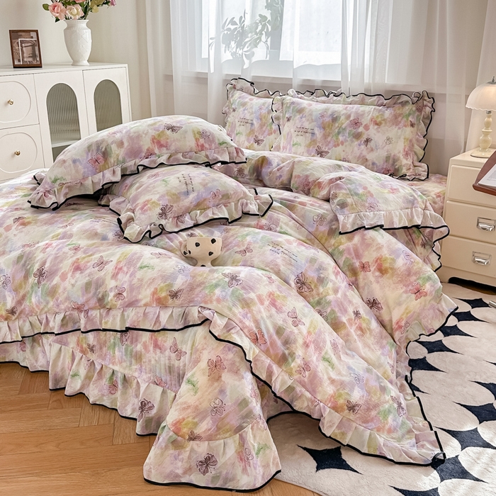 梦可莱家居 2025秋冬新款法式小黑边木棉云感皱皱纱四件套床盖款 小黑边-彩绘蝴蝶