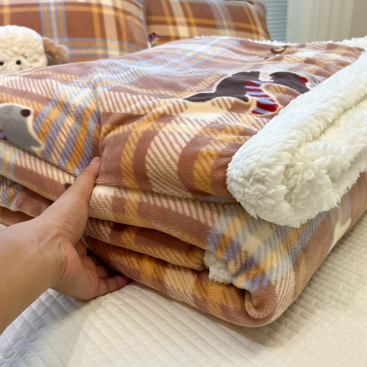 91家纺网 家纺一手货源 找家纺 盼季家纺 2025新款日韩奶油风羊羔绒+牛奶绒可爱卡通毛毯沙发毯盖毯 羊羔绒毛毯-奔跑汪汪