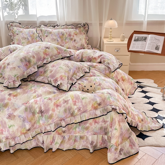 91家纺网 家纺一手货源 找家纺 梦可莱家居 2025秋冬新款法式小黑边木棉云感皱皱纱四件套床盖款 小黑边-彩绘蝴蝶