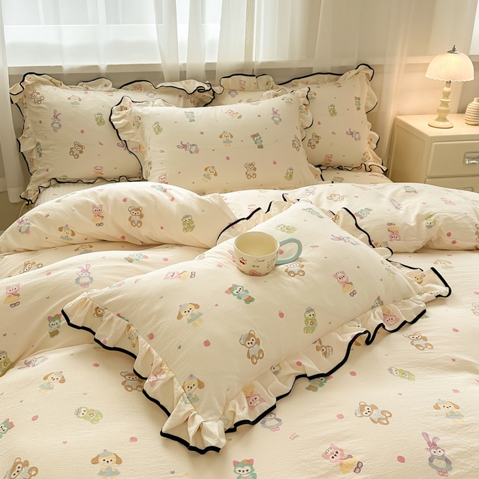 91家纺网 家纺一手货源 找家纺 梦可莱家居 2025秋冬新款法式小黑边木棉云感皱皱纱四件套床盖款 小黑边-动物乐园