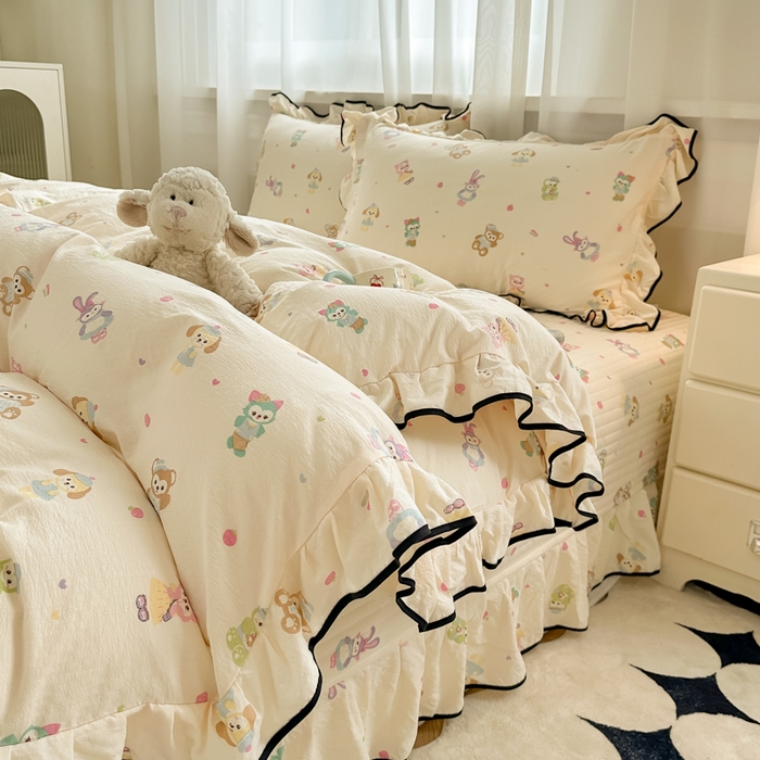 91家纺网 家纺一手货源 找家纺 梦可莱家居 2025秋冬新款法式小黑边木棉云感皱皱纱四件套床盖款 小黑边-动物乐园