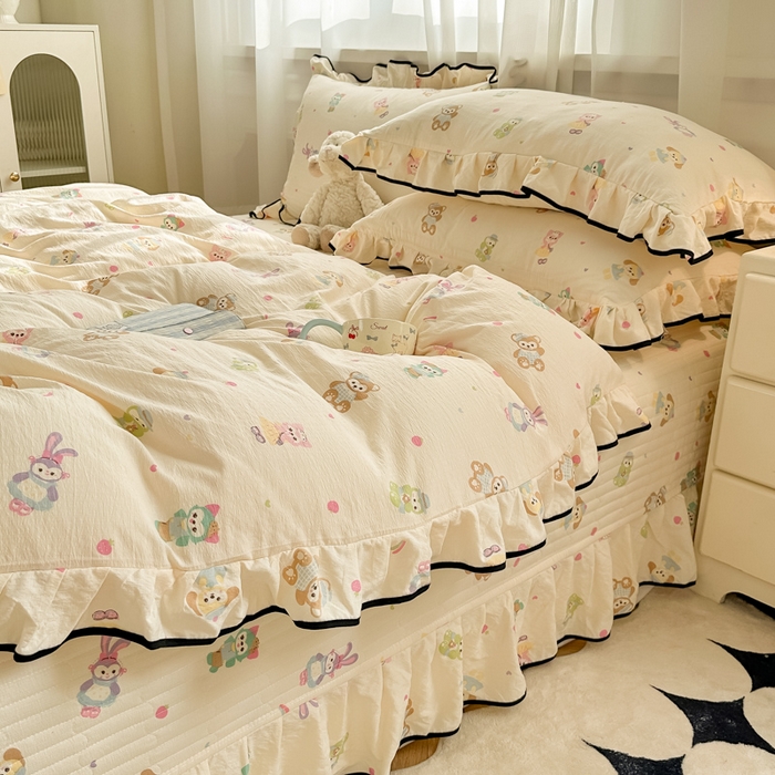 91家纺网 家纺一手货源 找家纺 梦可莱家居 2025秋冬新款法式小黑边木棉云感皱皱纱四件套床盖款 小黑边-动物乐园